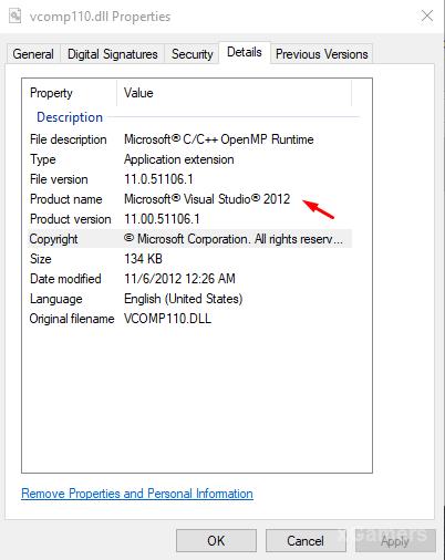 Details Vcomp110.dll - this dll in package Visual Studio 2012