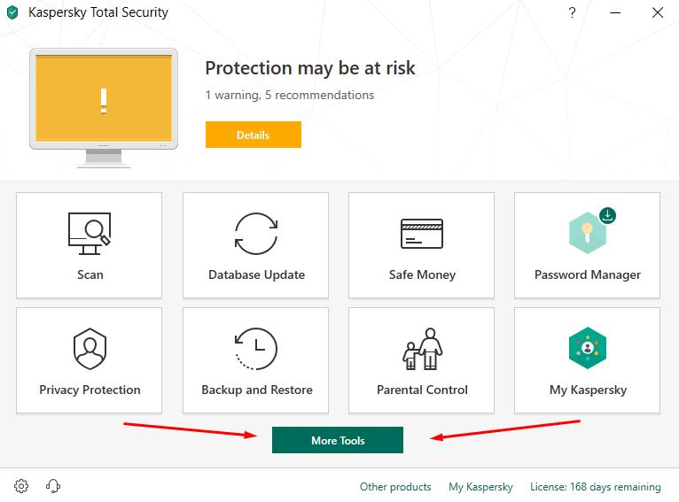 Kaspersky Total Security - click MOre Tools button