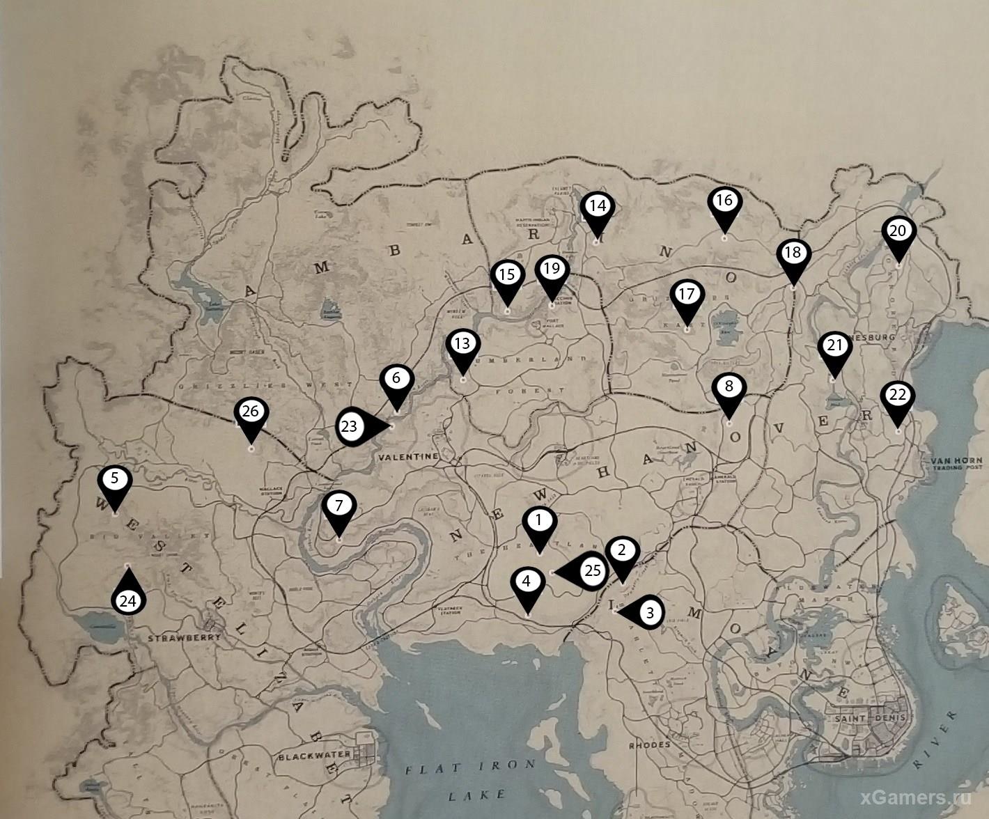 A complete map of the location of the remains of the bones in the game RDR 2