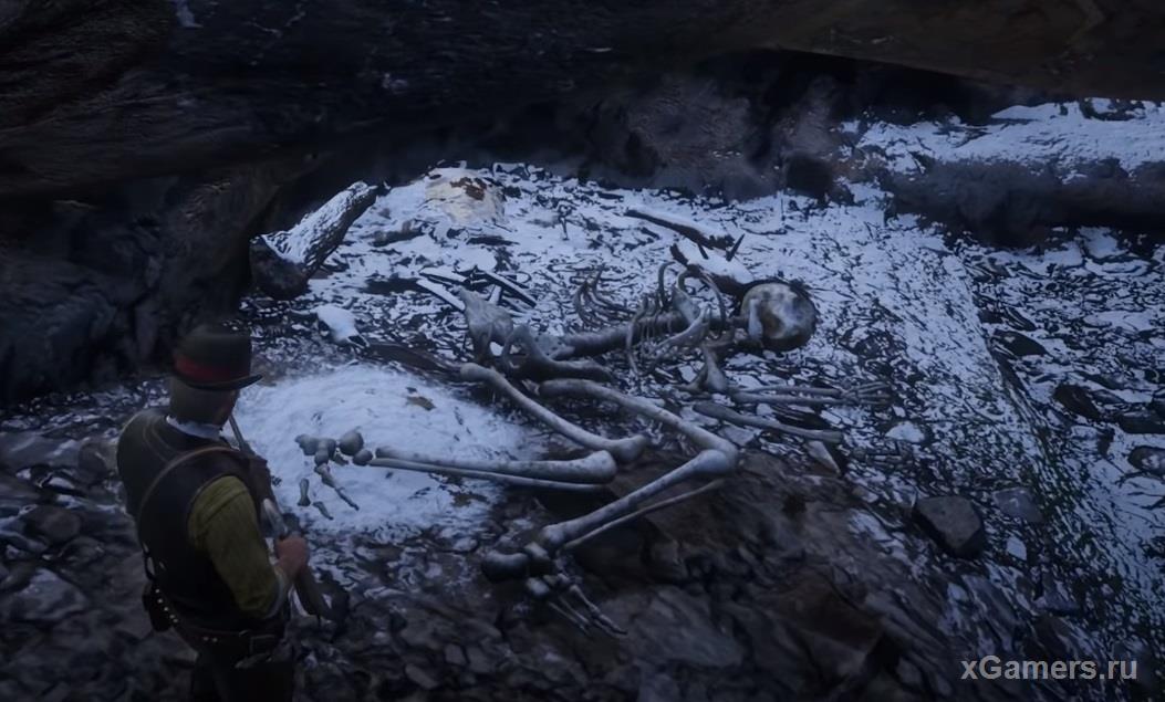 Giant skeleton in the fetal position in the game RDR2