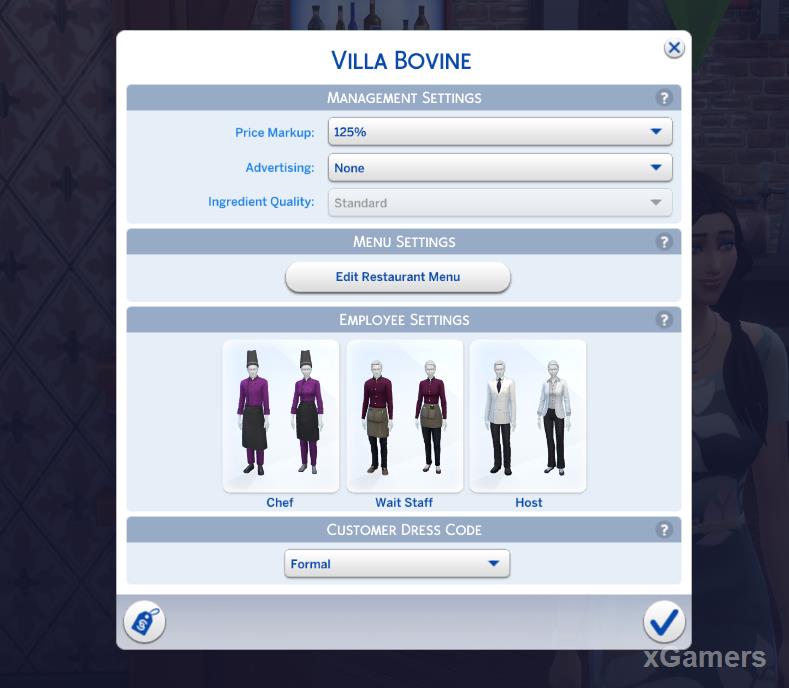 Restaurant Settings. You can set the appearance of the staff and the dress code of the guests.