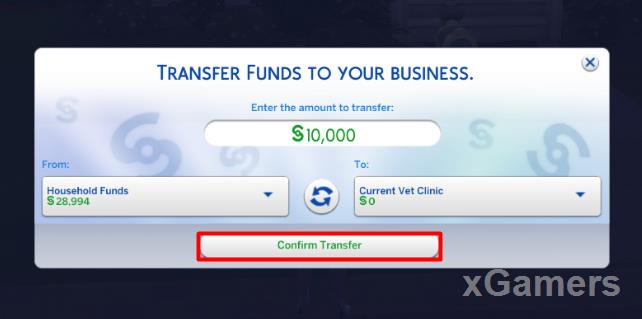 Transfer Funds to your Business: input value and press: Confirm Transfer