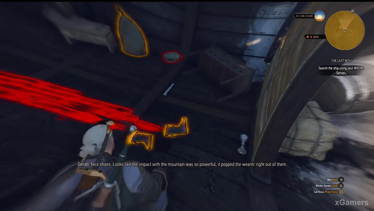 Once on the ship, Geralt explores the hold. With the help Witcher Senses discovers the fallen cupboard and traces