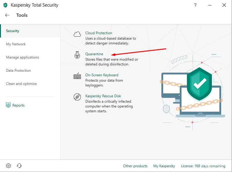 Check Quarantine ion Kaspersky Total Security