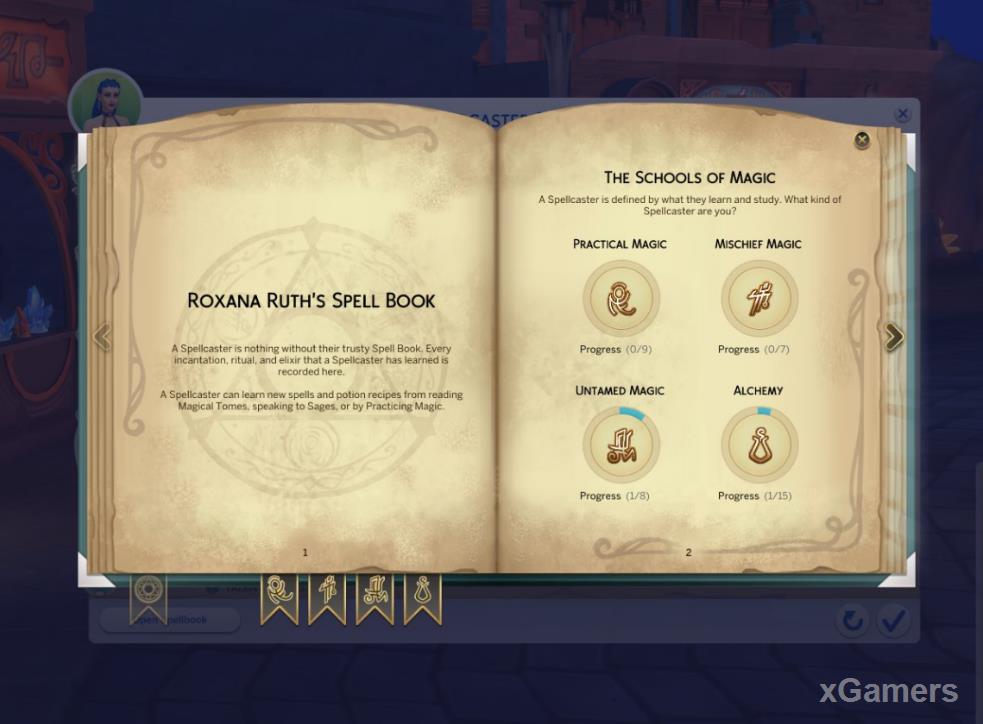 Character s magic progress is displayed in the spell book