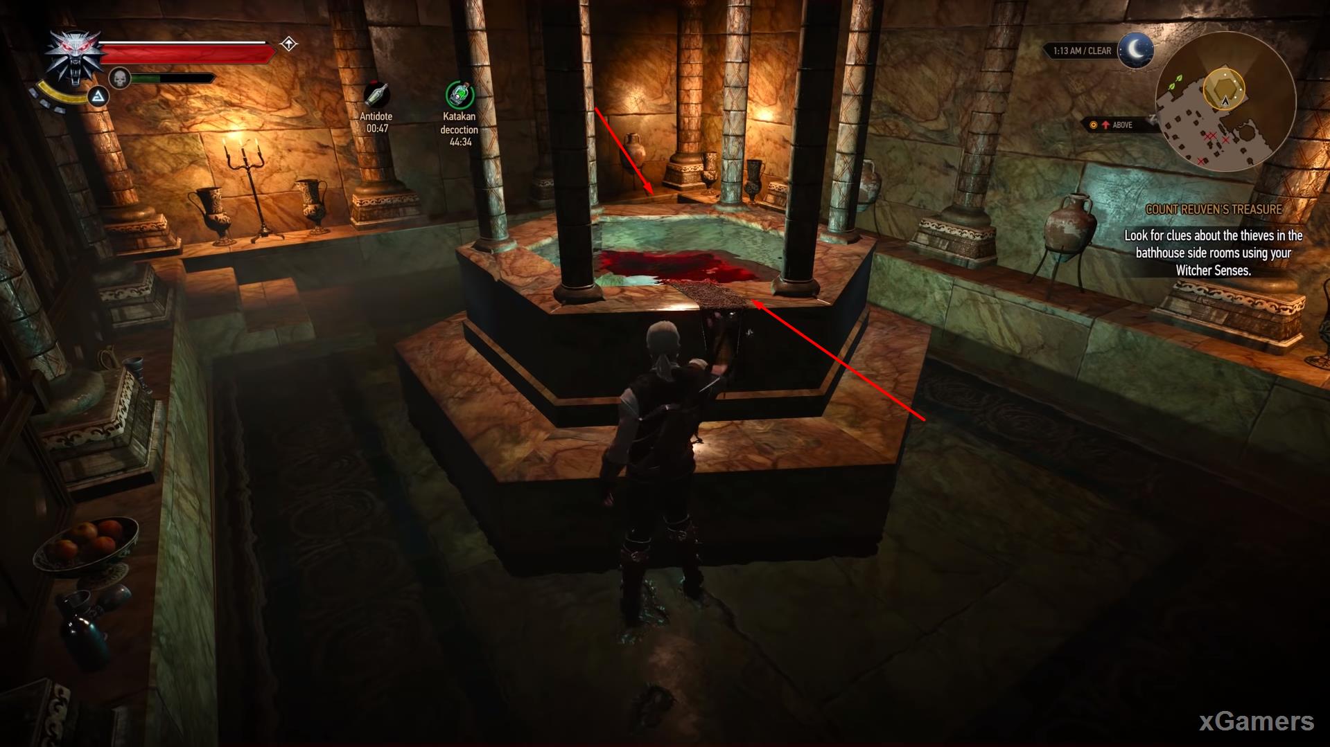 Geralt find oil traces in one of the pools, and going around the pool 