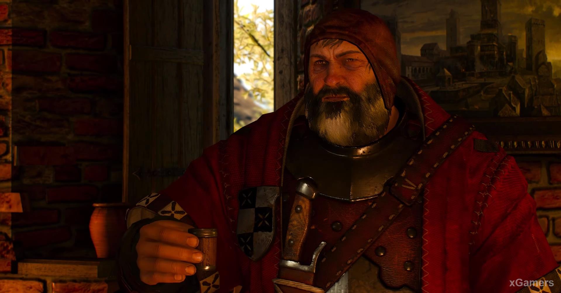Geralt listening to the story of the Bloody Baron