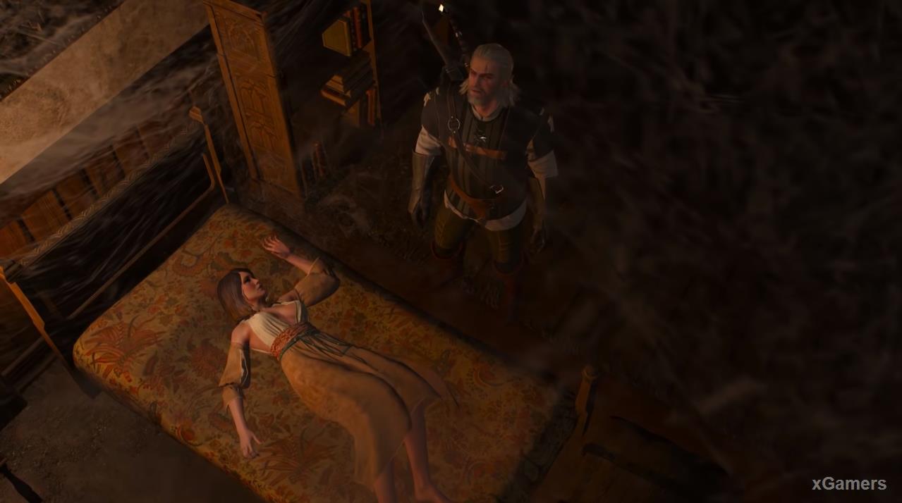 Up in the bedroom, Geralt sees an unusual child hovering over Corinne