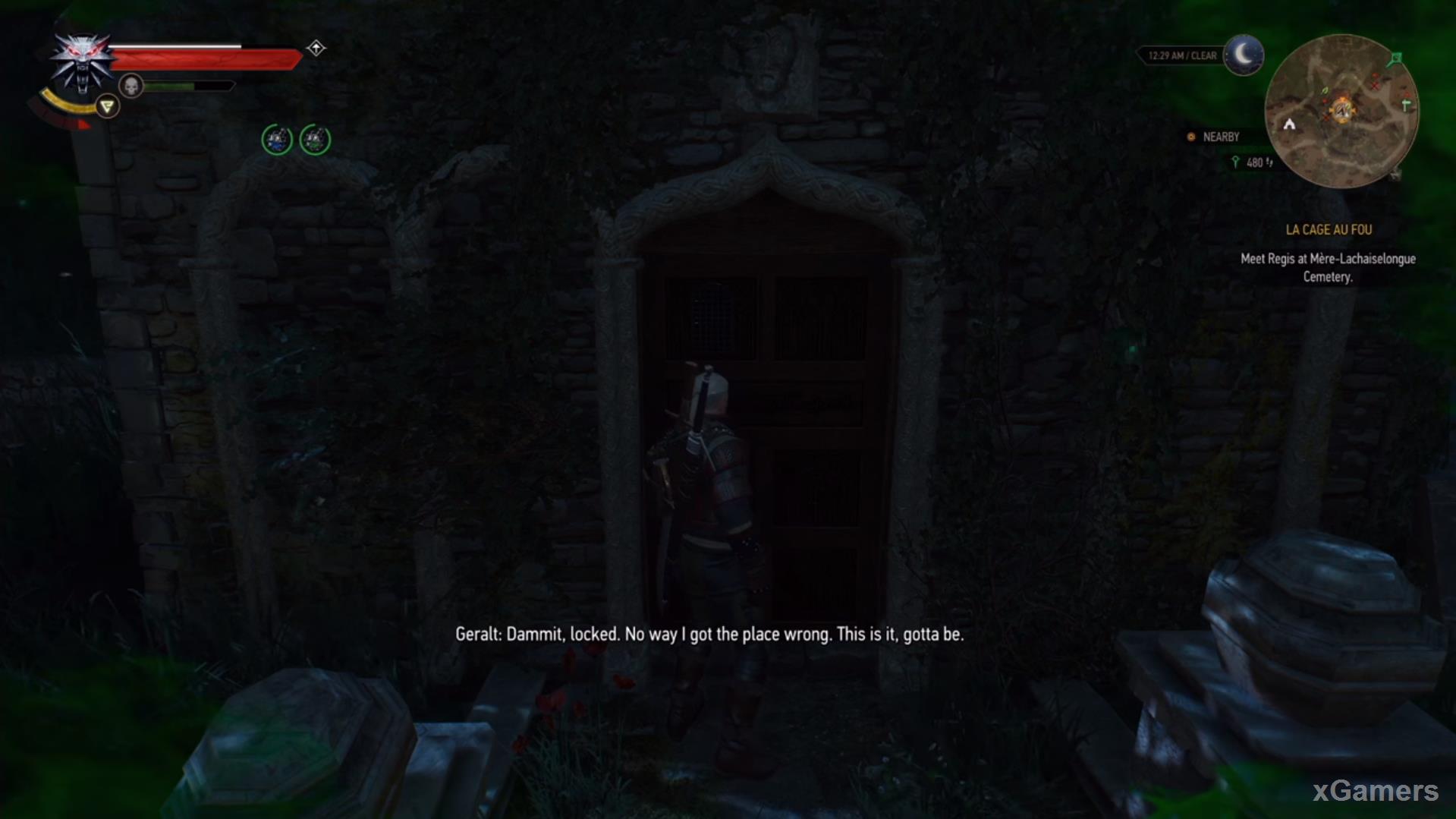 Geralt approaches the door of the crypt but that it is closed