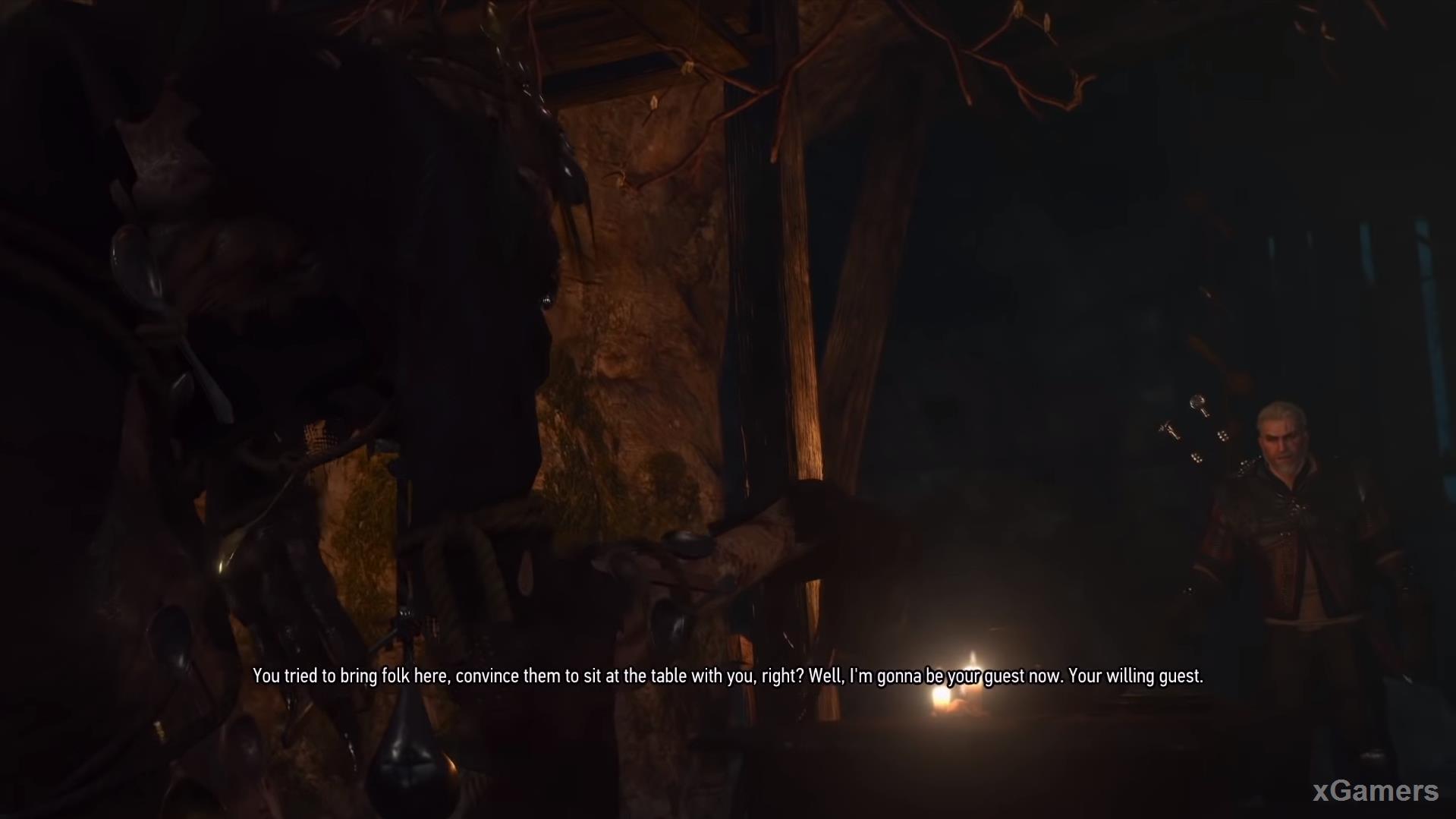 Geralt invites Wight to sit down at the table and start eating