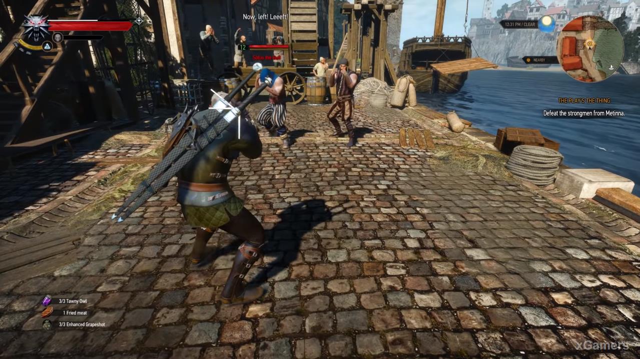 The fight geralt with strong guys in the docks