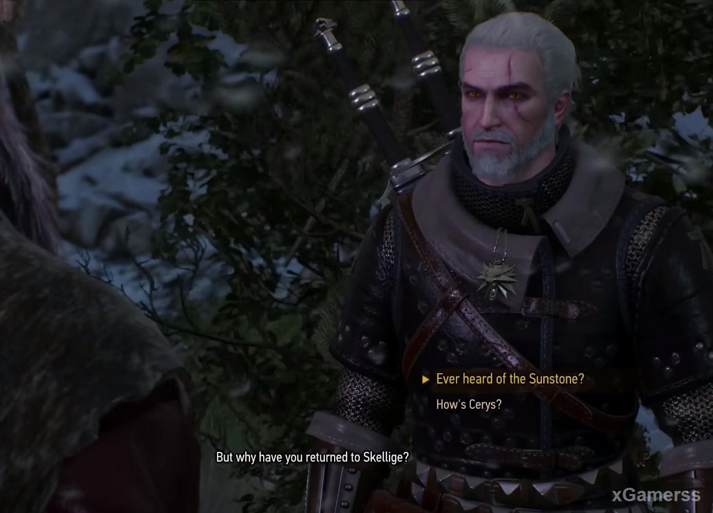 Geralt join to Mousesack and then he will told about sun stone