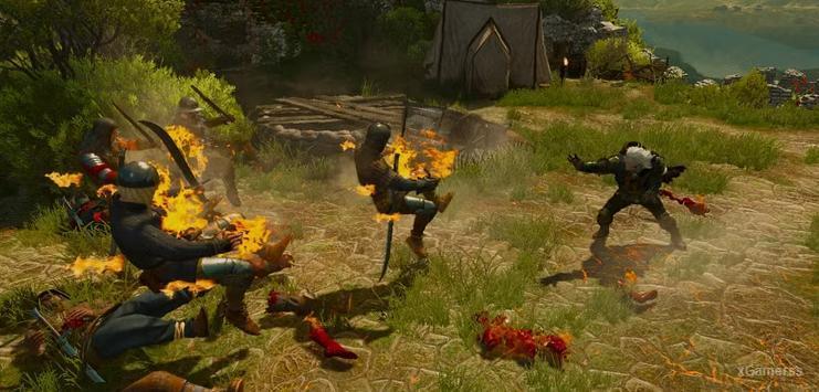 Aard sweep mode knocking down multiple enemies with combat indicators showing stun duration