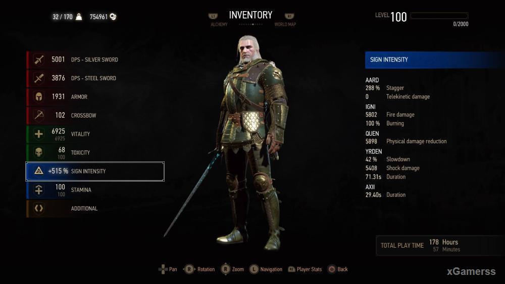 Character screen showing optimized sign build with skill tree, gear, and stats highlighted