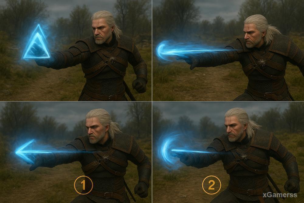 Action sequence showing sign combo execution with timing indicators