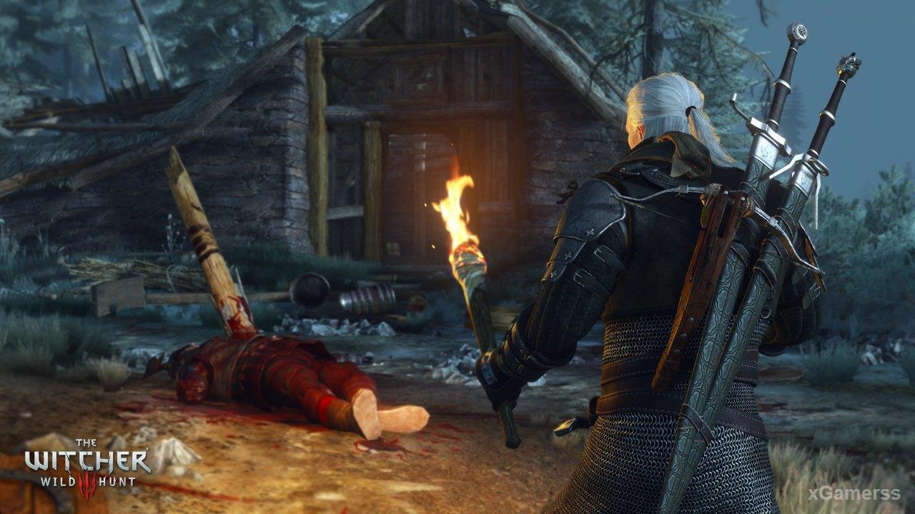 Geralt with a torch in a dark location