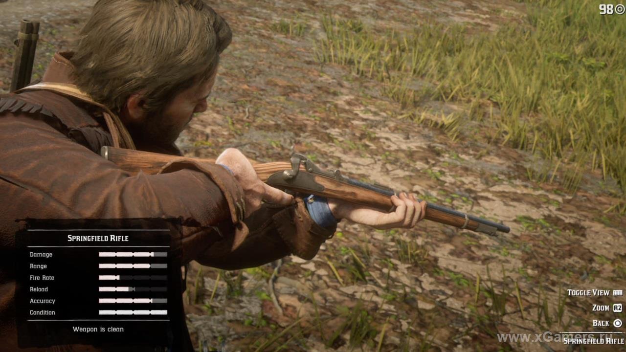Springfield rifle - deals great damage, but low rate of fire
