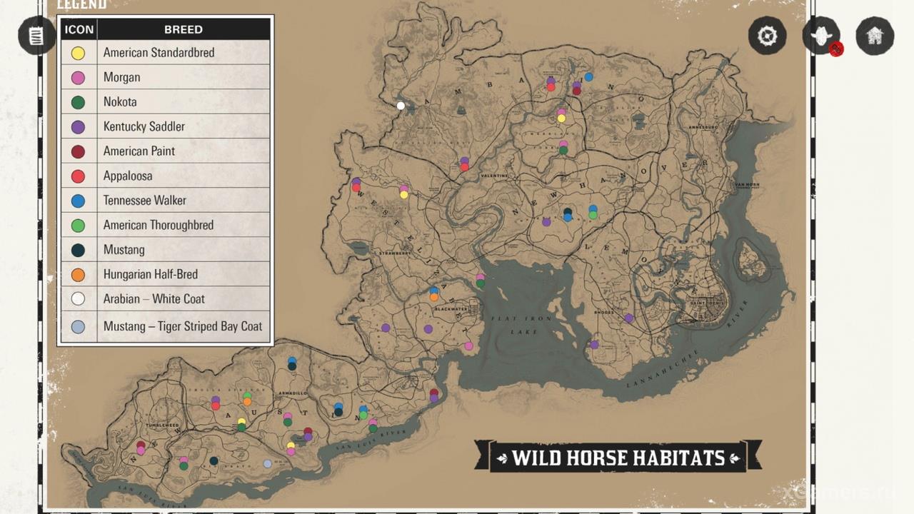 Map with locations Horses in the game RDR 2