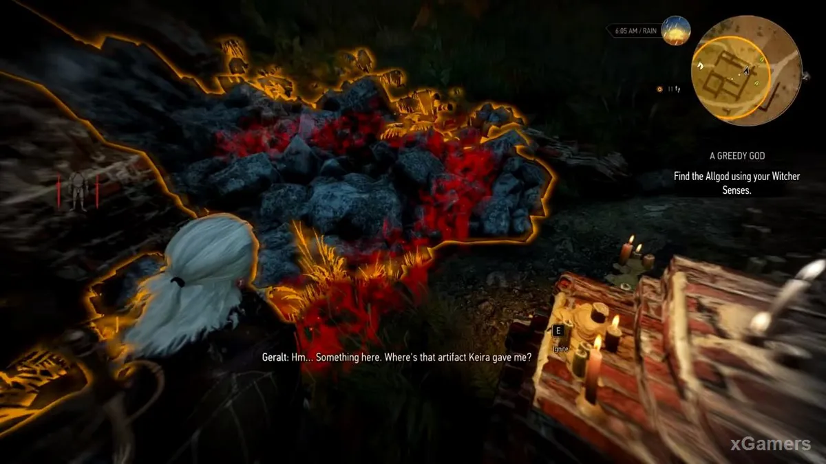 Using Witcher Senses to find the hidden cellar entrance in A Greedy God