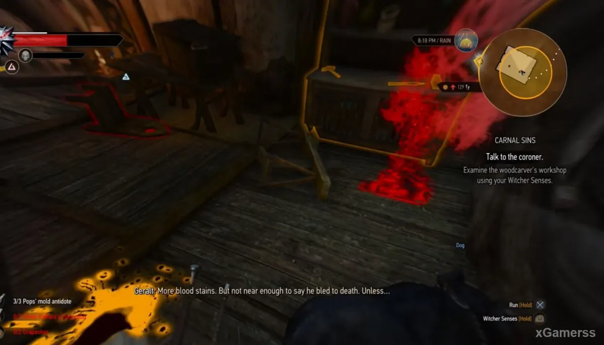 Witcher Senses showing blood in the woodcarver's workshop