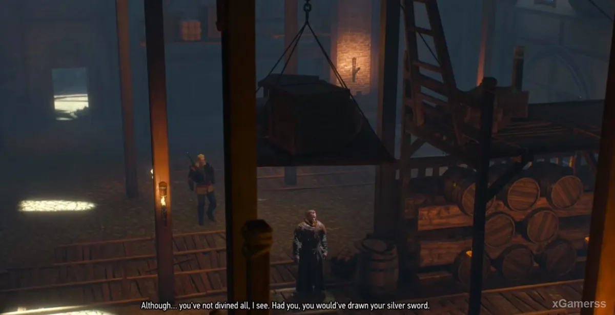 Confronting Hubert Rejk in the warehouse at the Novigrad docks