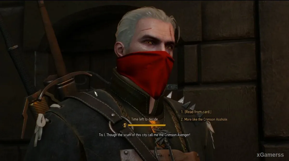 Geralt as a masked brigand facing the Crimson Avenger in the Cabaret quest