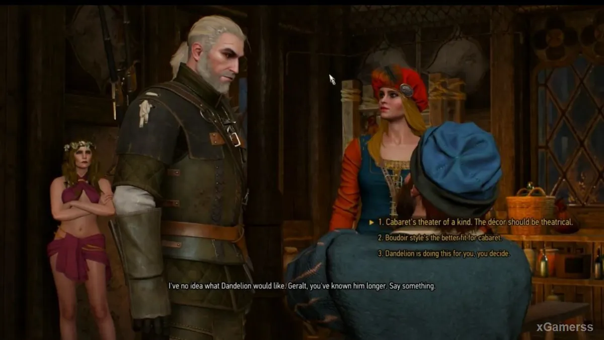 Witcher 3 Cabaret dialogue choice between theatrical and boudoir style for the Chameleon