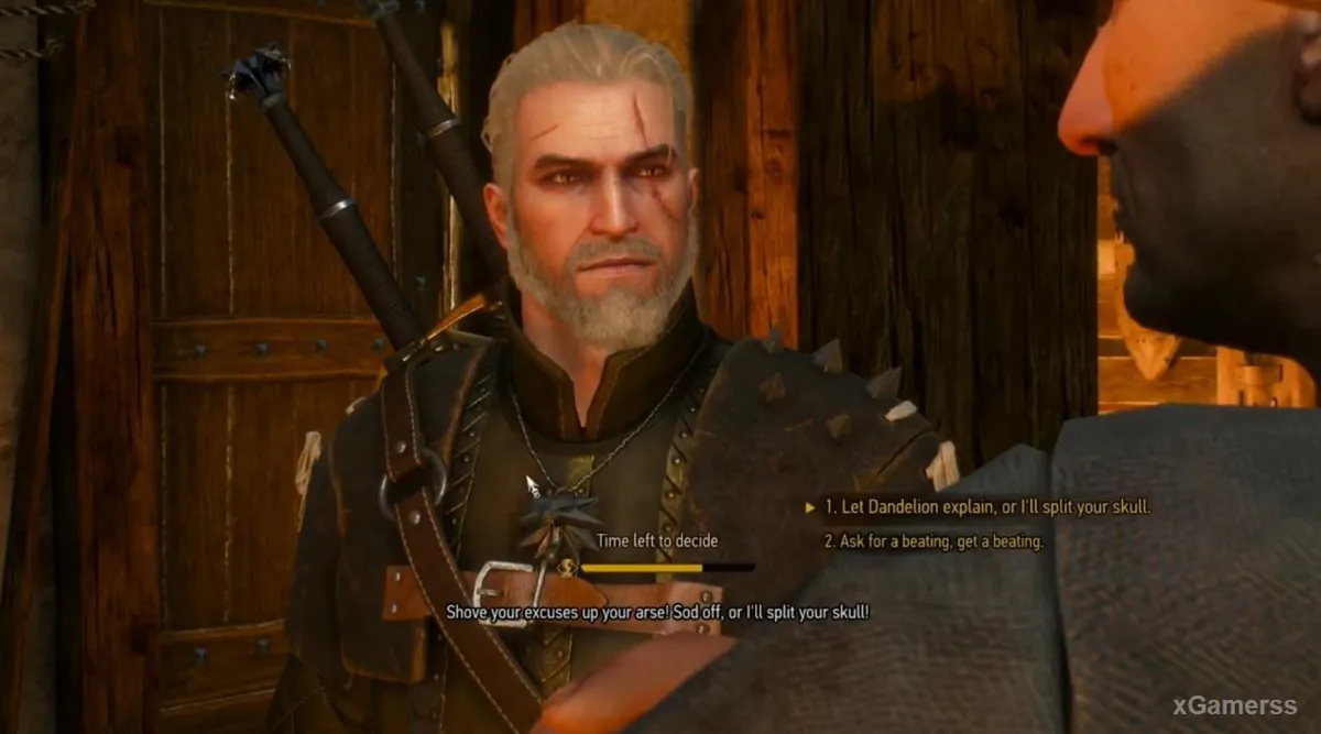 Geralt choosing between letting Dandelion explain or threatening Hubio
