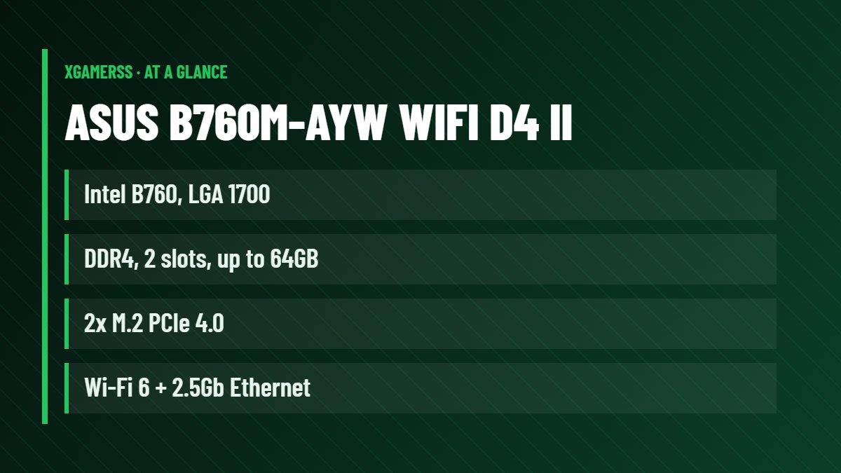 ASUS B760M-AYW WIFI D4 II: Intel B760, LGA 1700, DDR4, 2 slots, up to 64GB, 2x M.2 PCIe 4.0, Wi-Fi 6 + 2.5Gb Ethernet