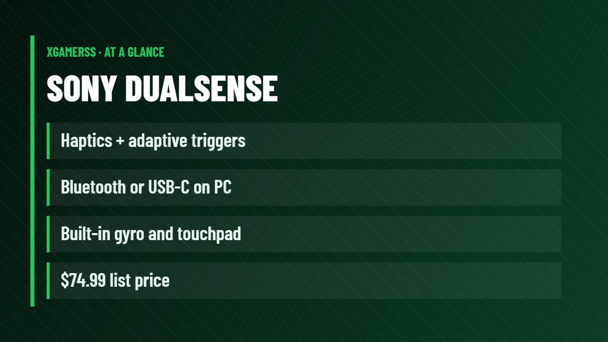 Sony DualSense: Haptics + adaptive triggers, Bluetooth or USB-C on PC, Built-in gyro and touchpad, $74.99 list price