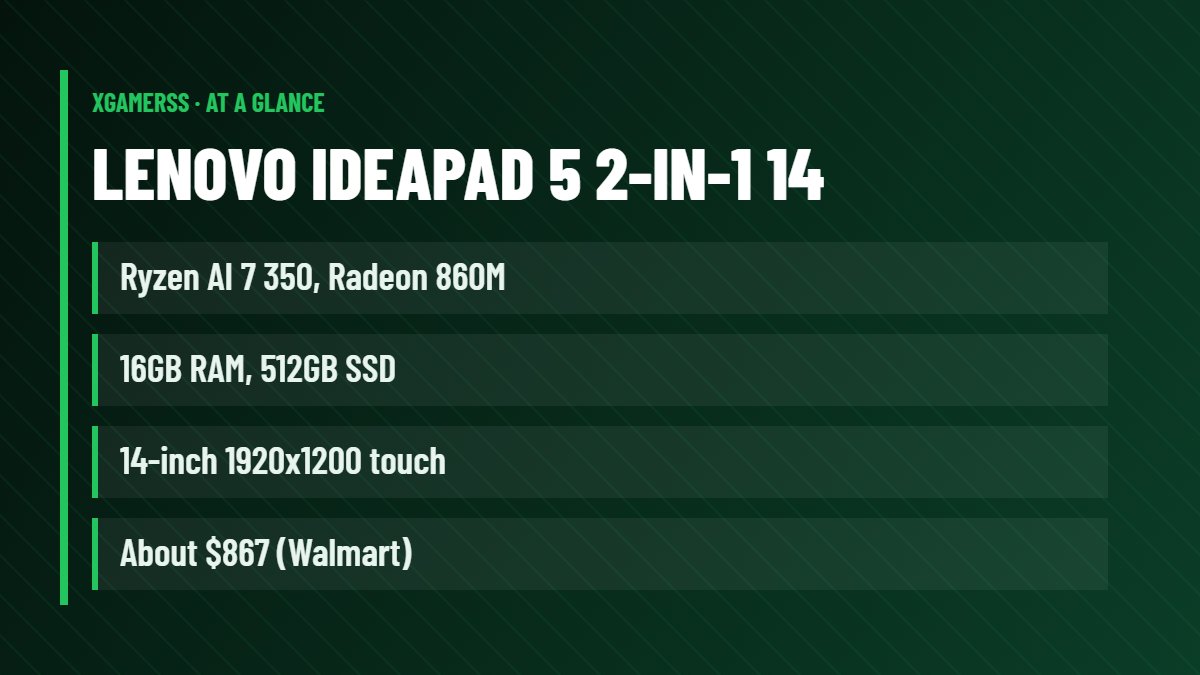 Lenovo IdeaPad 5 2-in-1 14: Ryzen AI 7 350, Radeon 860M, 16GB RAM, 512GB SSD, 14-inch 1920x1200 touch, About $867 (Walmart)