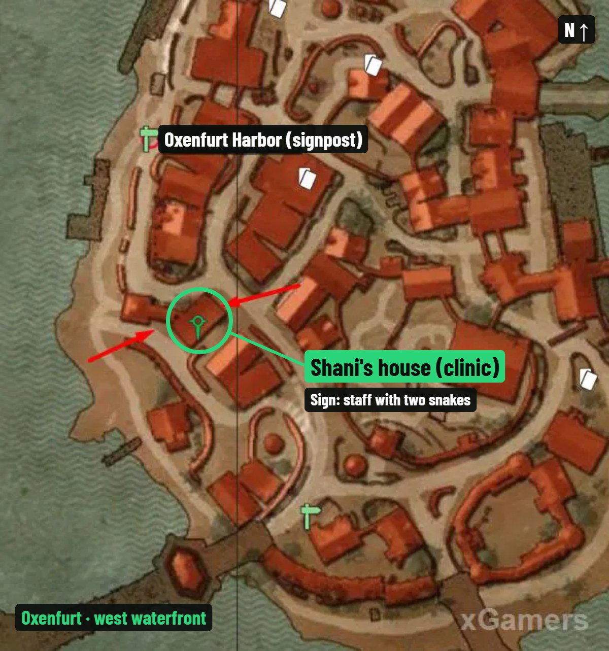 Map: Shani's house (clinic) in Oxenfurt, south of the Oxenfurt Harbor signpost