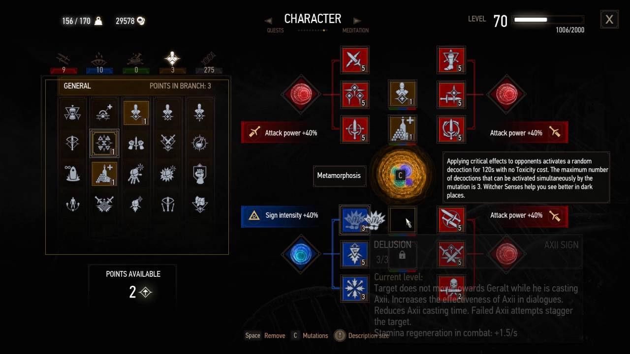 The Witcher 3 character panel with red mutagens slotted next to Combat skills
