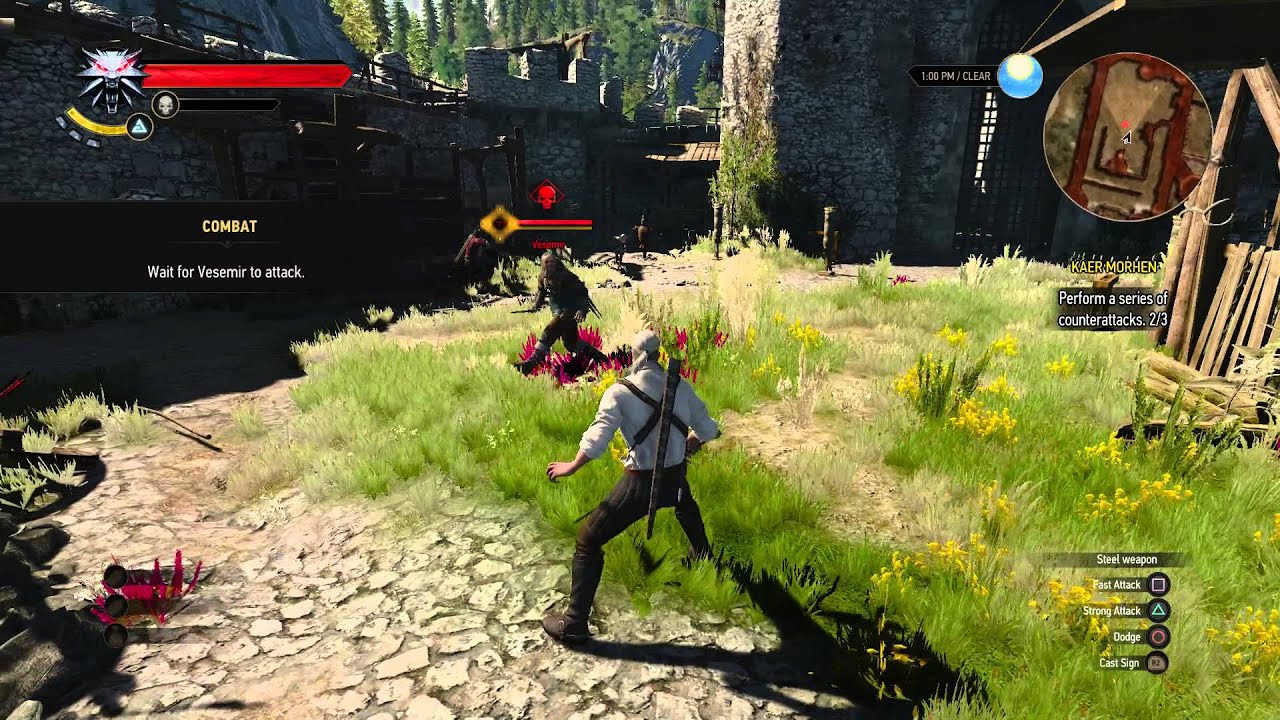 Geralt practicing counterattacks with Vesemir in the Kaer Morhen combat tutorial