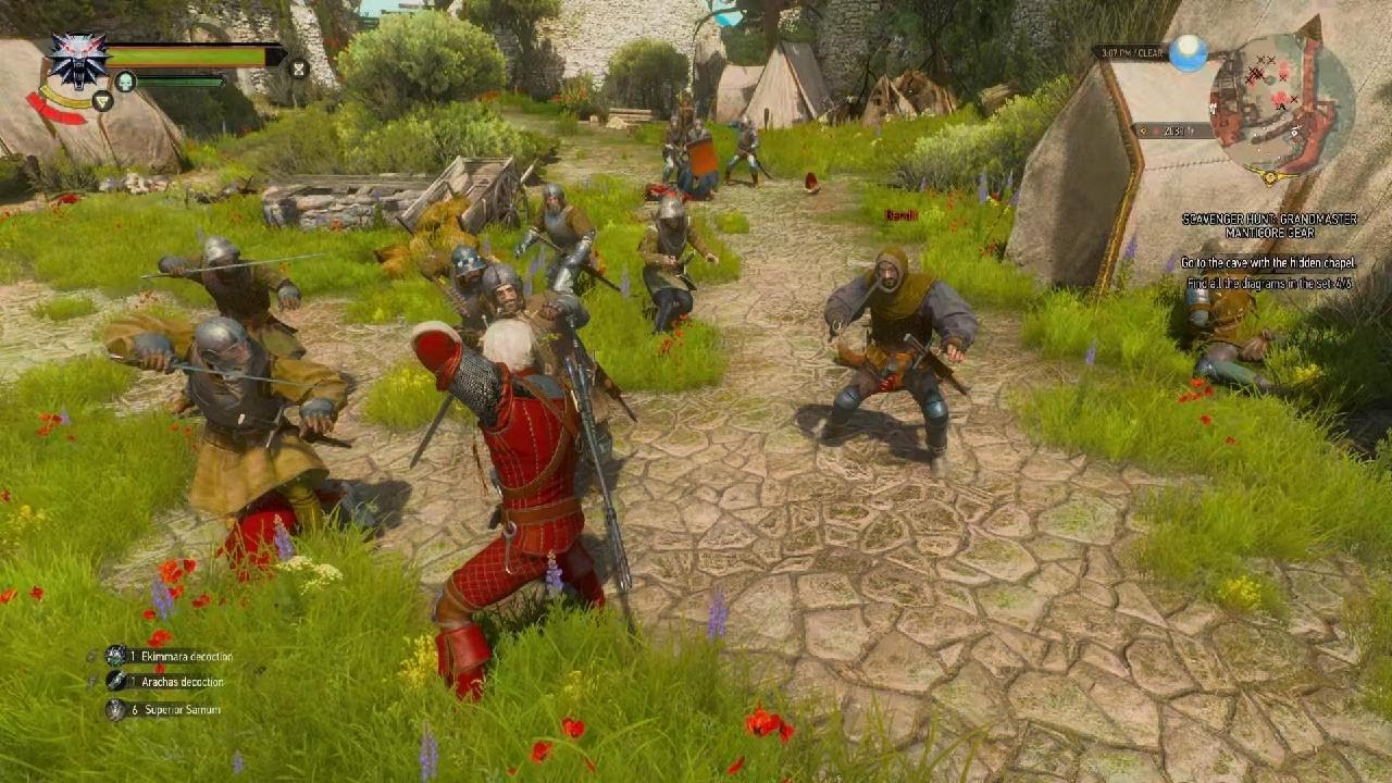 Geralt surrounded by a group of bandits in The Witcher 3