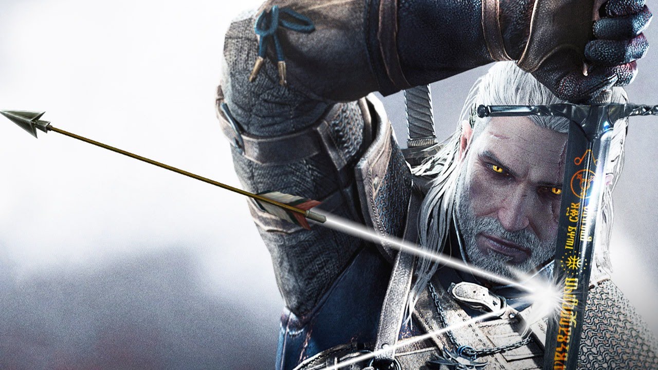 Geralt deflecting an arrow with his sword