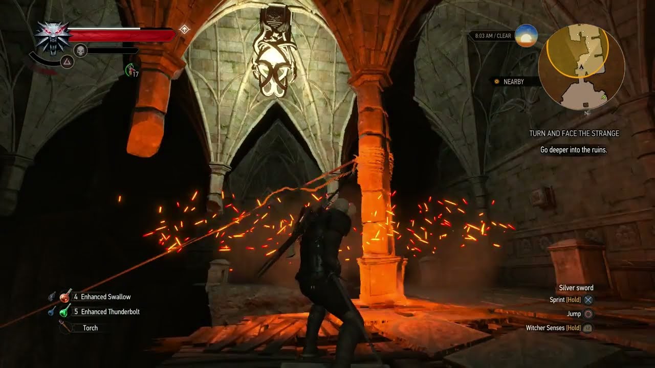 Geralt inside Professor Moreau's hidden laboratory