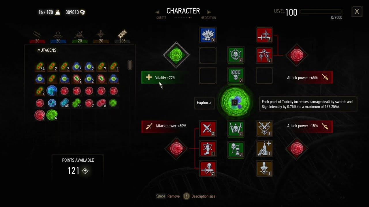 Witcher 3 character panel with mutagens and skill slots