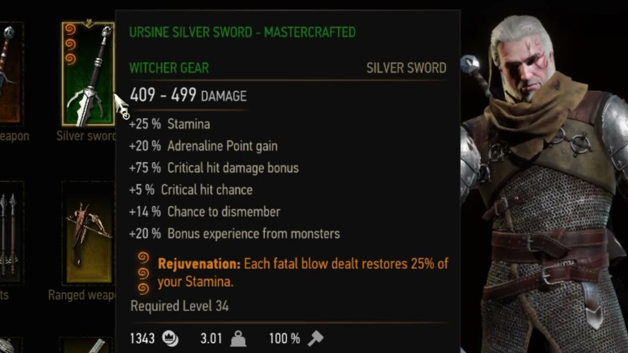 Witcher 3 sword tooltip showing the Rejuvenation runeword