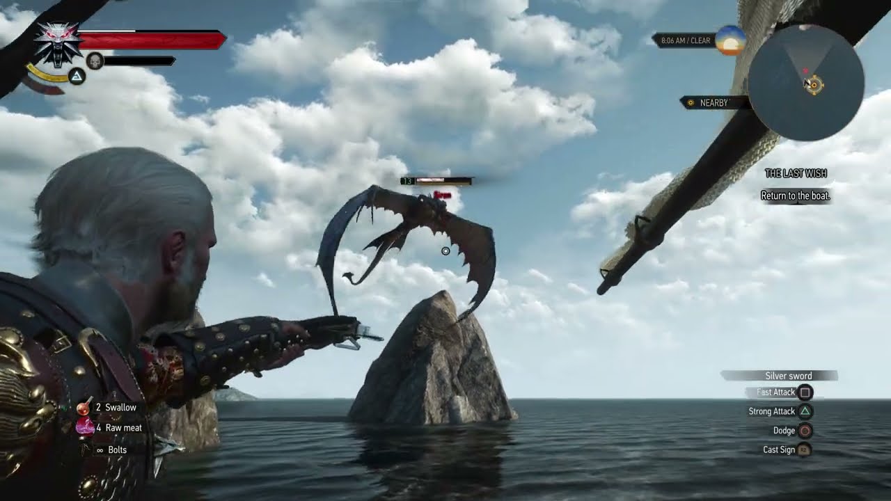 Geralt fighting the djinn on the boat in The Last Wish