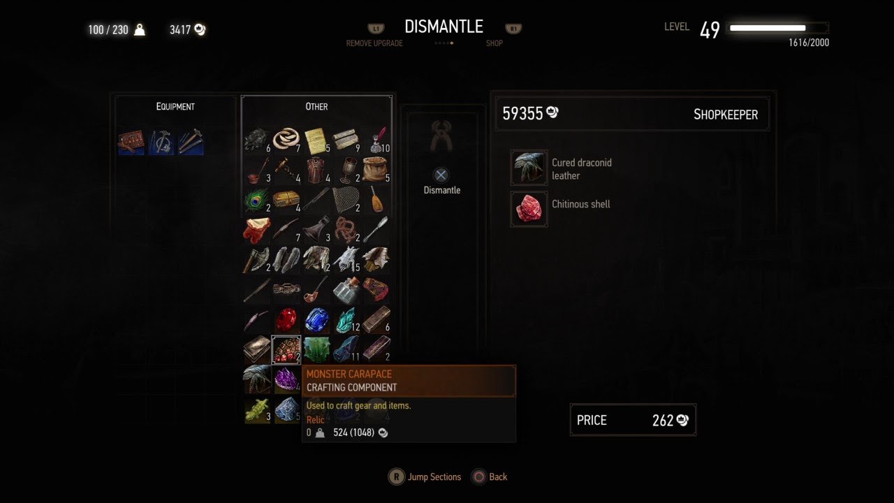 Witcher 3 dismantle screen showing monster carapace breaking into cured draconid leather and chitinous shell