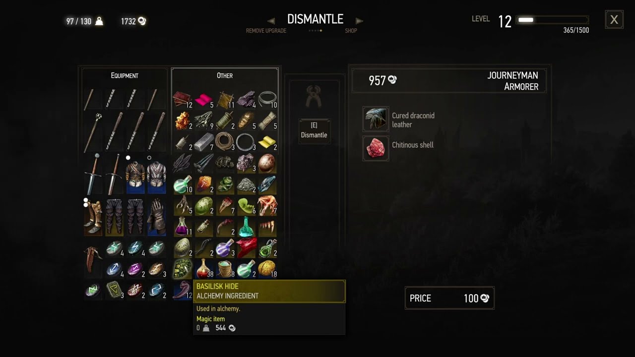 Witcher 3 journeyman armorer dismantle screen with cured draconid leather and chitinous shell