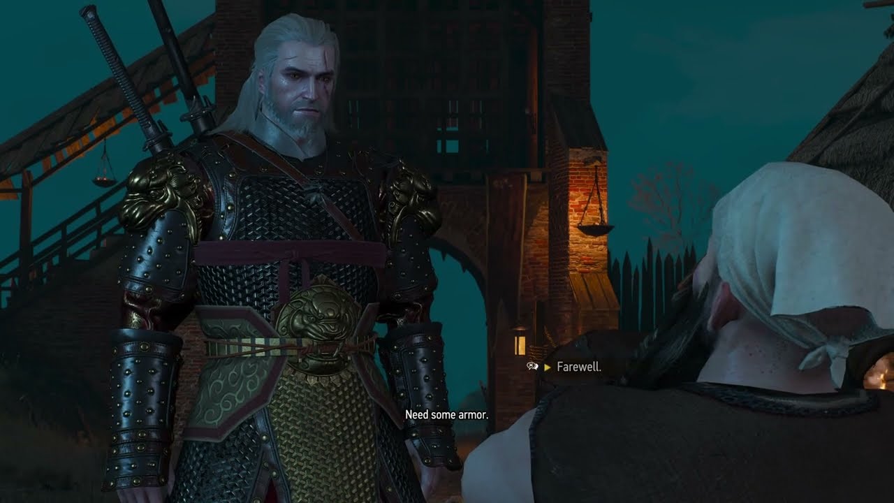 Geralt talking to an armorer in The Witcher 3
