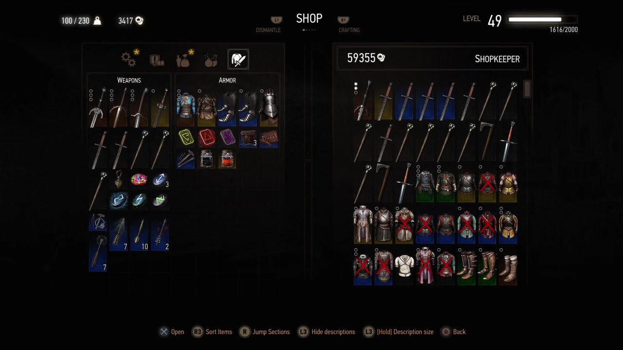 Witcher 3 shop screen with armor and crafting components