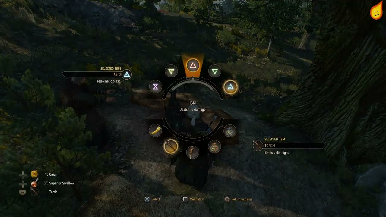 Witcher 3 sign wheel with Aard selected
