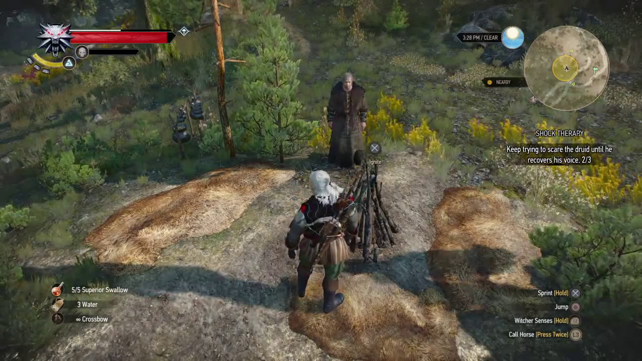 Egill standing by the campfire with the Shock Therapy objective at 2 of 3