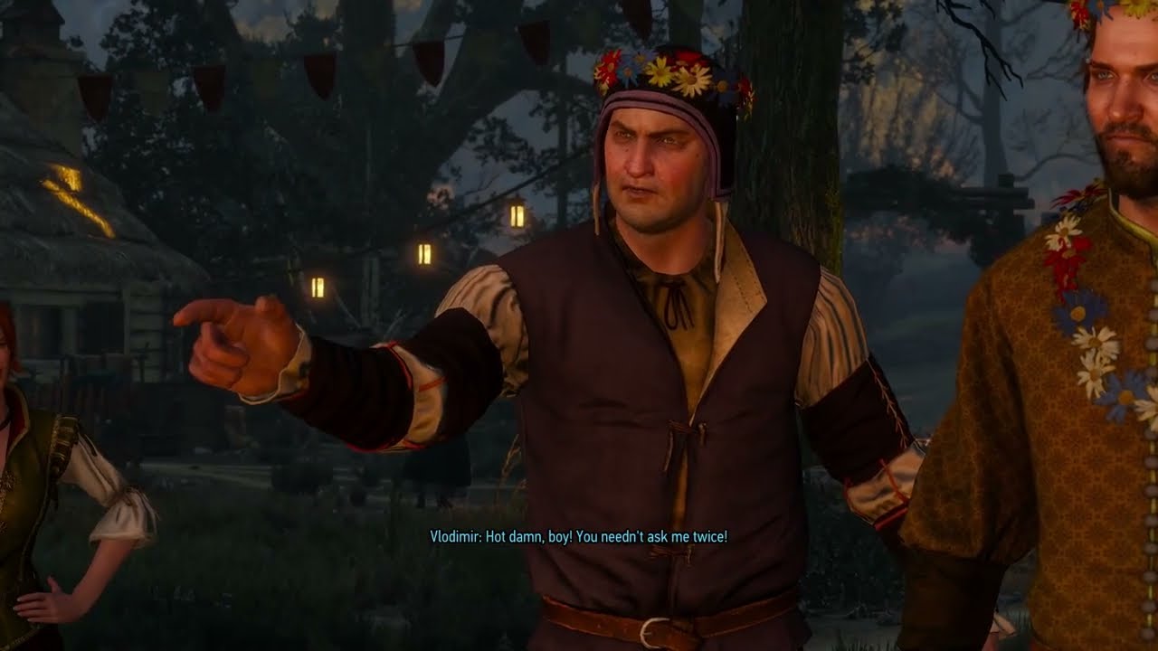 Wedding guests explain the pig challenge in Dead Man's Party