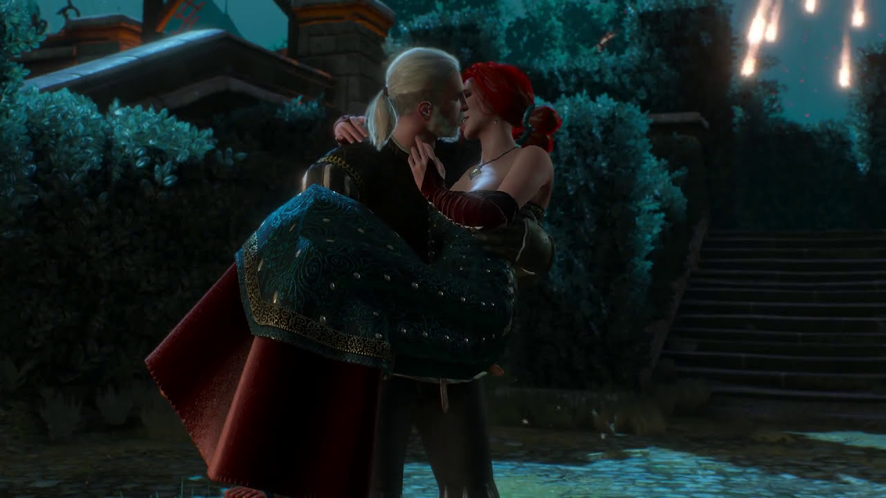 Geralt kisses Triss during the fireworks