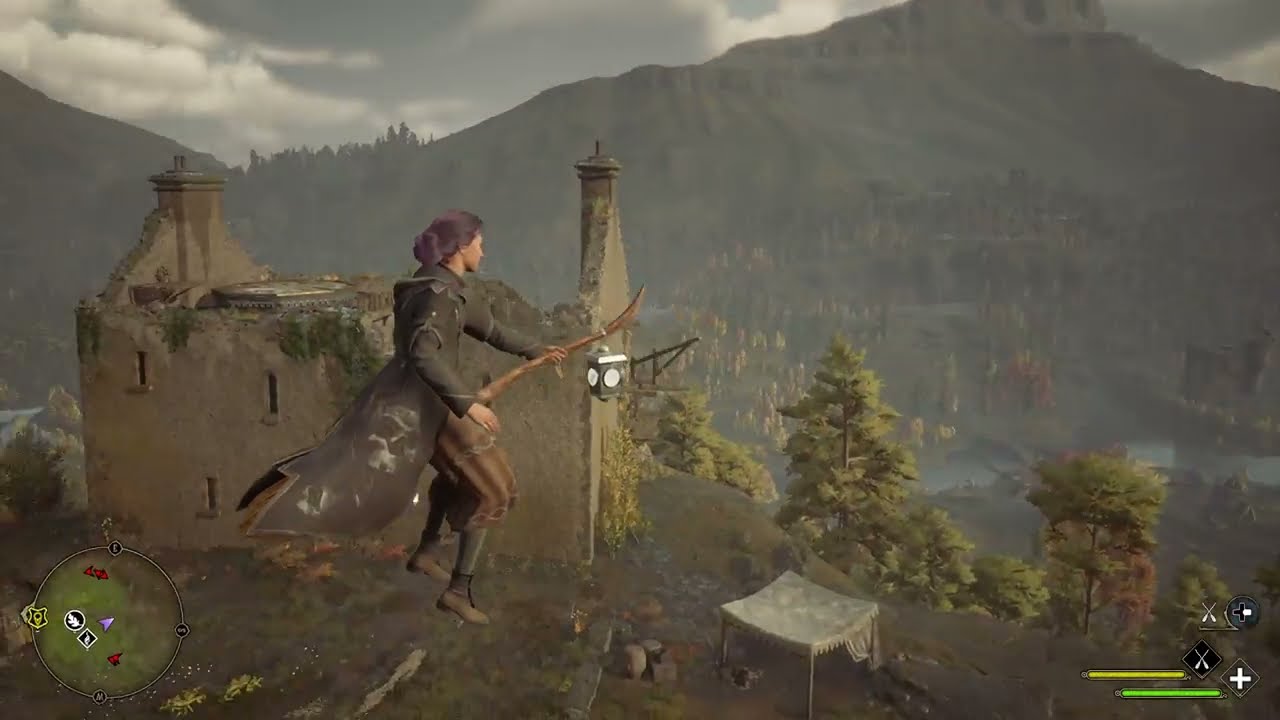 Flying past ruins towards a landing platform in Hogwarts Legacy