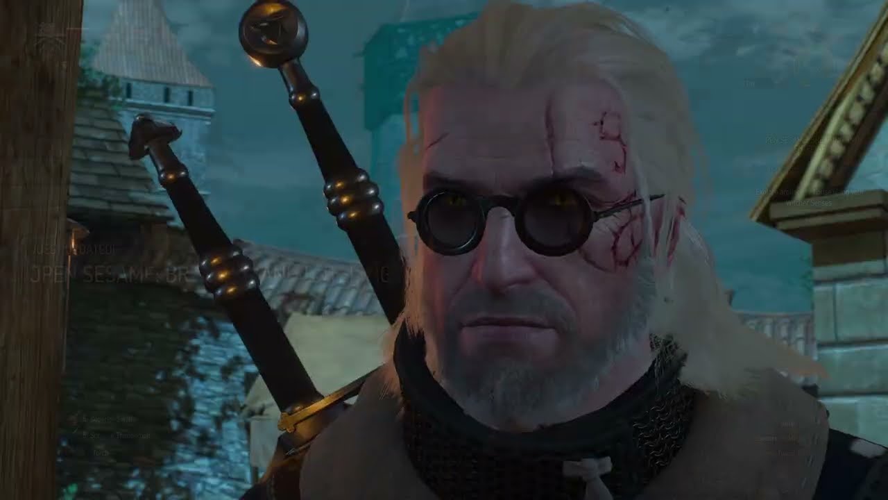 Geralt wearing the Professor's spectacles bought at the Borsodi auction